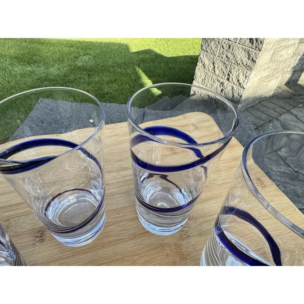Pier 1 Swirline Cobalt Blue Swirl Glass Highball Tumblers 6-3/8